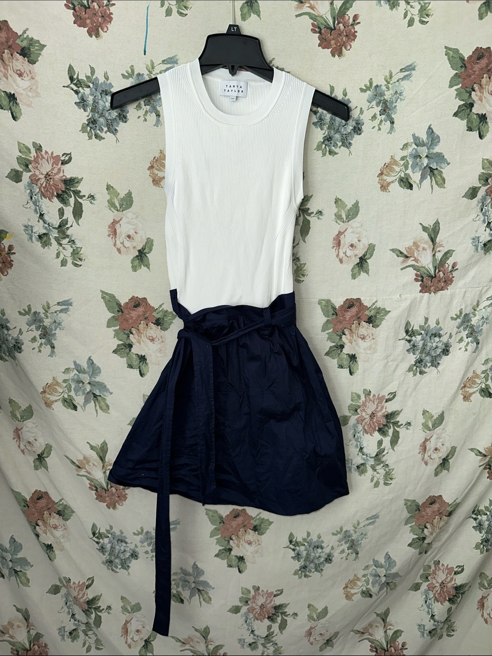 Tanya Taylor White Ribbed Tank with Navy Skirt Tie